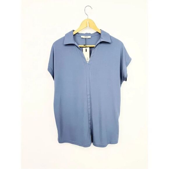 Vivilli Tops - Vivilli Slate Blue Collared V Neck Short Sleeve Pullover Casual Top NEW